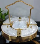 Gold serving basket with handle divided compartments for snacks dates and hospitality